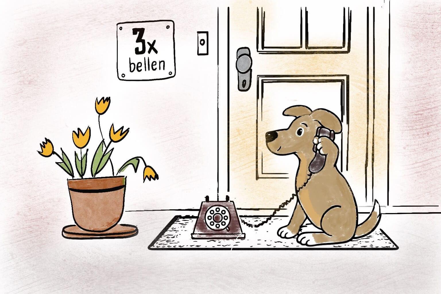 ein Hund sitzt vor der Tür und telefoniert